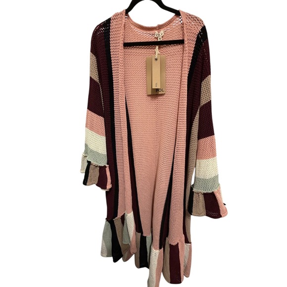 POL Striped Kimono Cardigan Boho Ruffle Hem Long Sleeve Pink Tan Burgundy - Picture 2 of 6